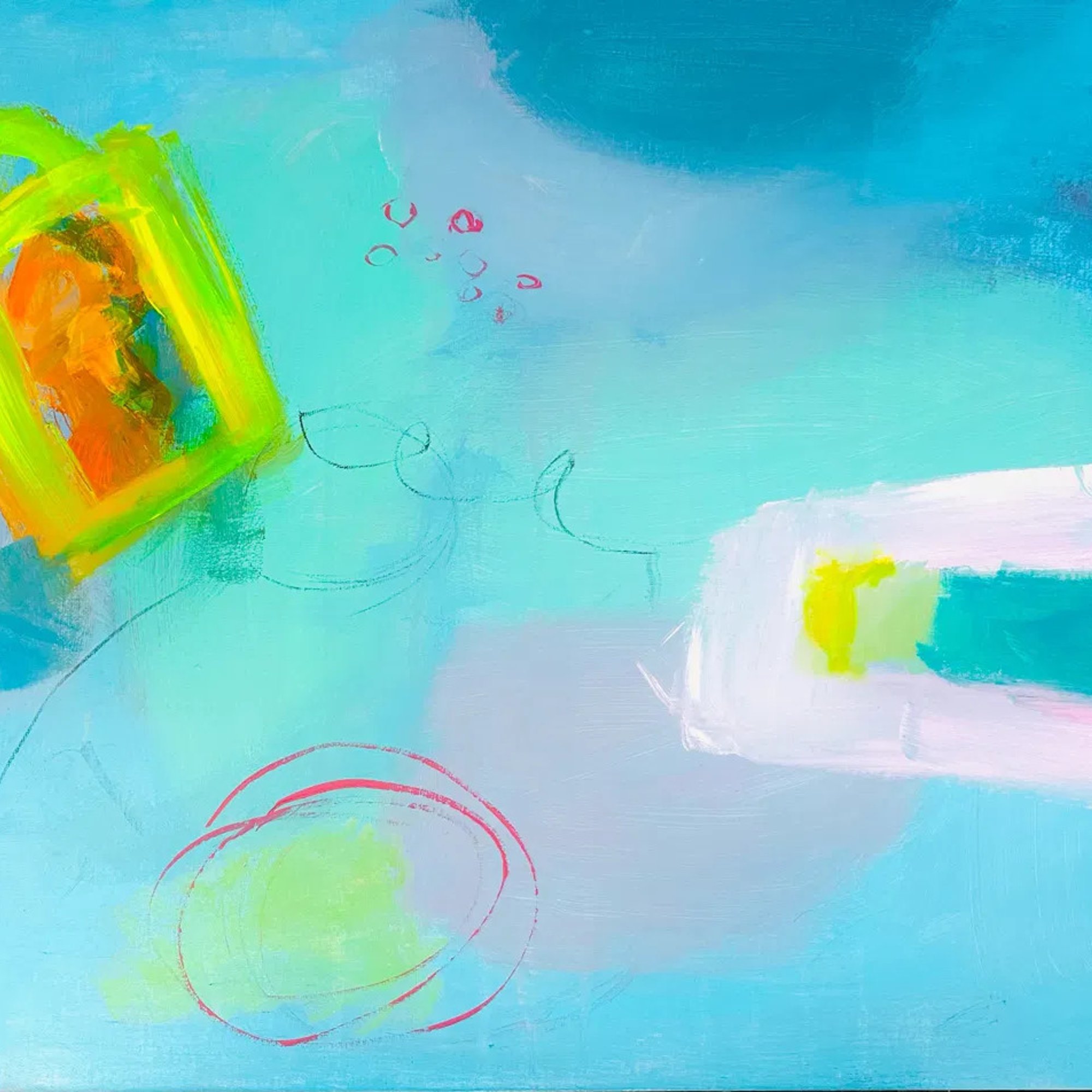 Luminous abstract painting in aqua, lime and orange