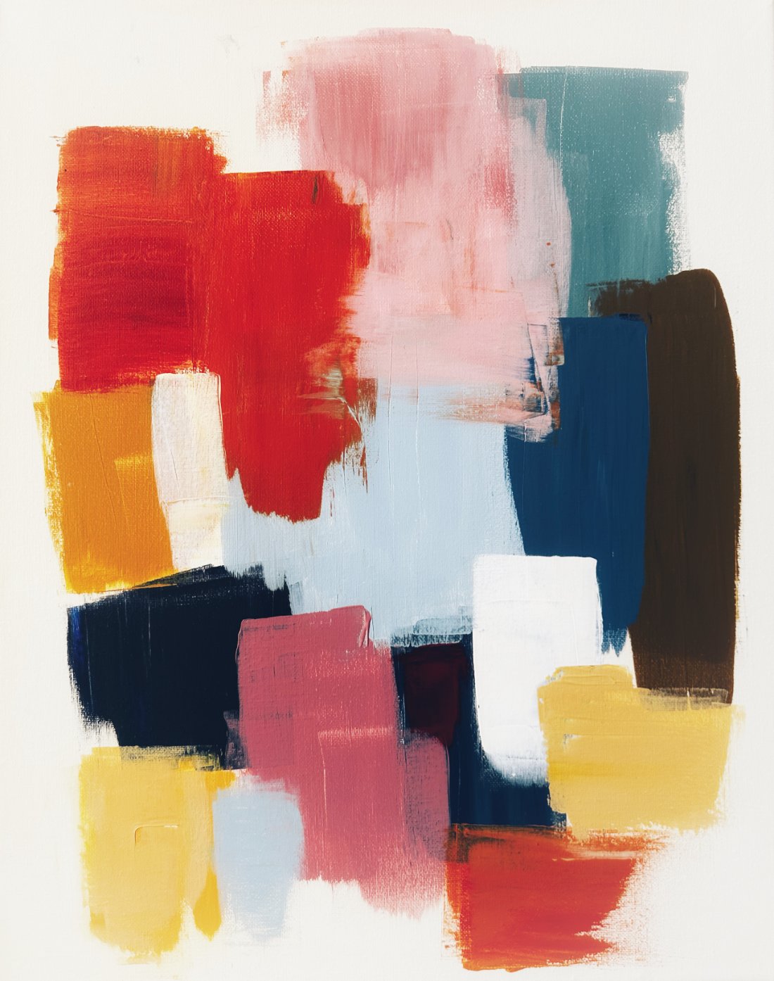 Bold blocky abstract painting in red, pink, teal and yellow
