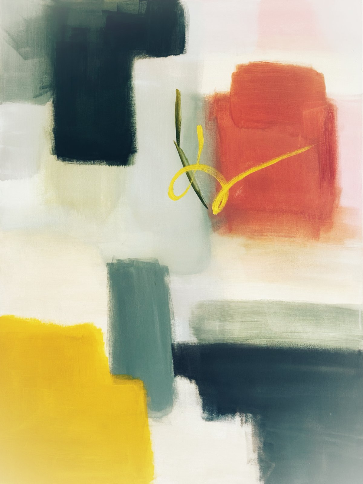 Expressive abstract painting in yellow, coral and sage